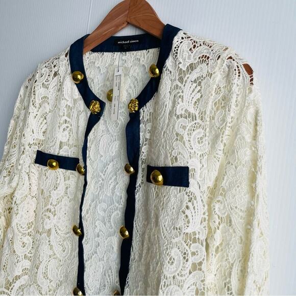 🆕 Michael Simon crocheted button jacket with denim trim NWT cardigan size med - Picture 4 of 15